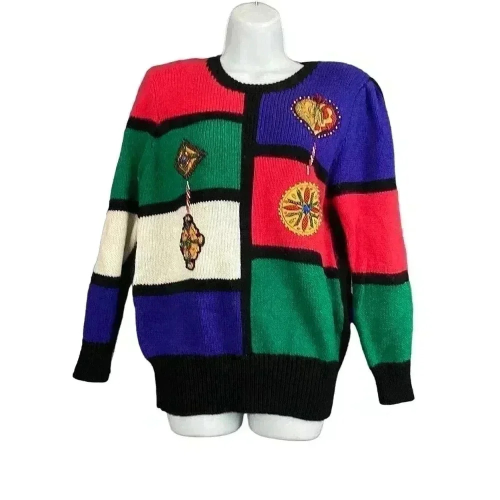VTG Christine Hand Beaded‎ Sweater SMALL Colorful Solid Back Knitted Crewneck